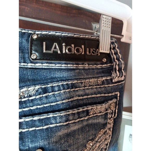 L.A.  idol Womens Juniors Distressed‎ Embroidered Rhinstones Skinny Jeans Size 7 - Picture 3 of 13